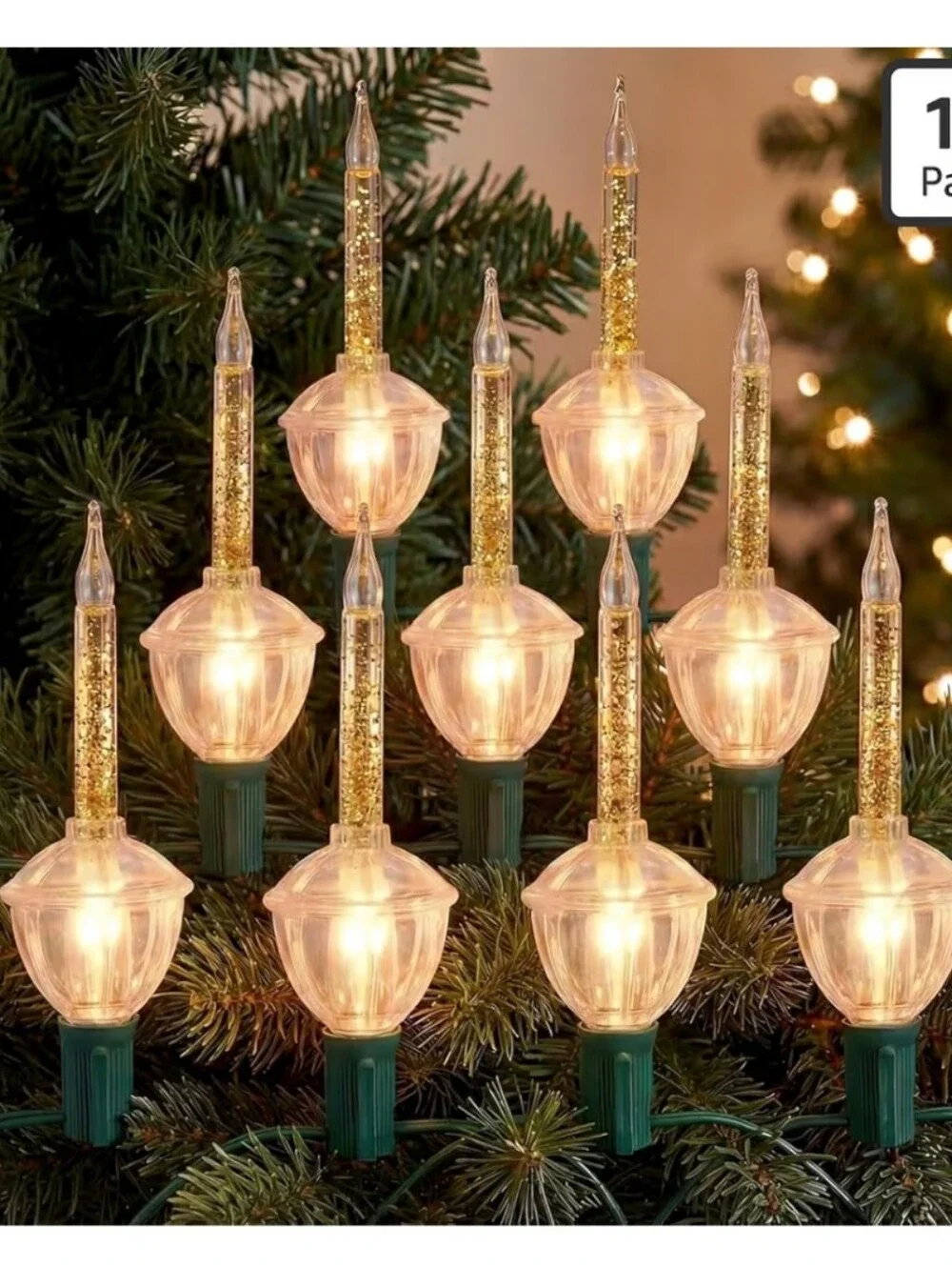 Christmas Clear Bubble Lights - 9 count on string + extra bulb - Gold Glitter